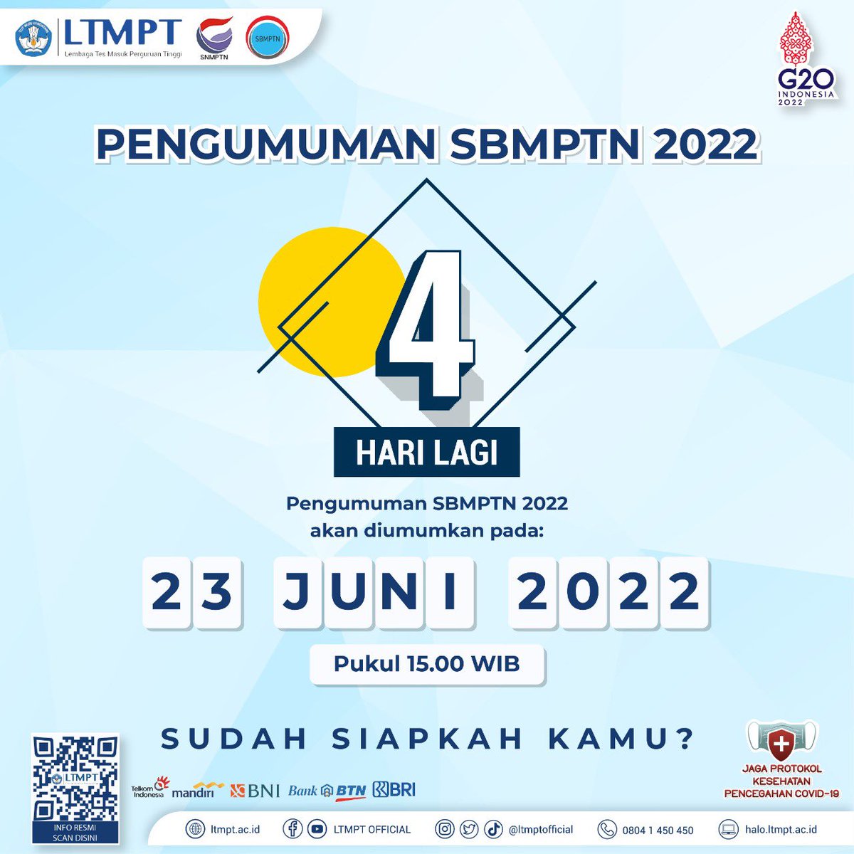 ltmptofficial's tweet photo. [4 HARI LAGI PENGUMUMAN SBMPTN 2022 LOH?!]

Halo, Calon Mahasiswa Indonesia!

DALAM HITUNGAN 4 HARI, PENGUMUMAN SBMPTN! Segenap tim LTMPT memberikan apresiasi kepada seluruh peserta UTBK yang telah berjuang melaksanakan tes dengan jujur. https://t.co/JG3zFO52bO