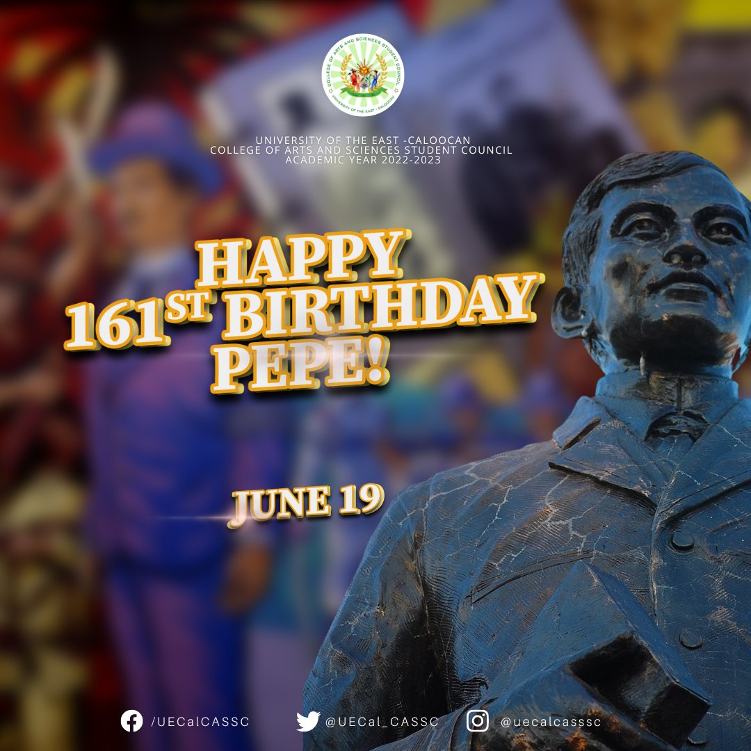 UECal_CASSC's tweet photo. Ginugunita ngayong araw ang ika-161 na kaarawan ng ating bayani na si Gat. Jose Rizal. Ating ipadiwang, isabuhay, at alalahanin ang kanyang mga aral at kung paano niya ipinaglaban ang ating bayan. 

ISANG MALIGAYANG KAARAWAN SA IYO, PEPE!

#CAS2223
#AdvancingEmpoweringCultivating https://t.co/yoRB5tvEpU