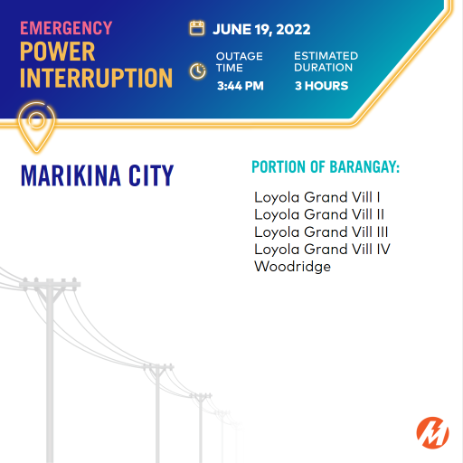 meralco's tweet photo. Your area in Marikina City and Quezon City may have been affected by an emergency line trouble which occurred at 3:44 PM with an estimated restoration time of 3 hrs. https://t.co/nr8l34CBEl