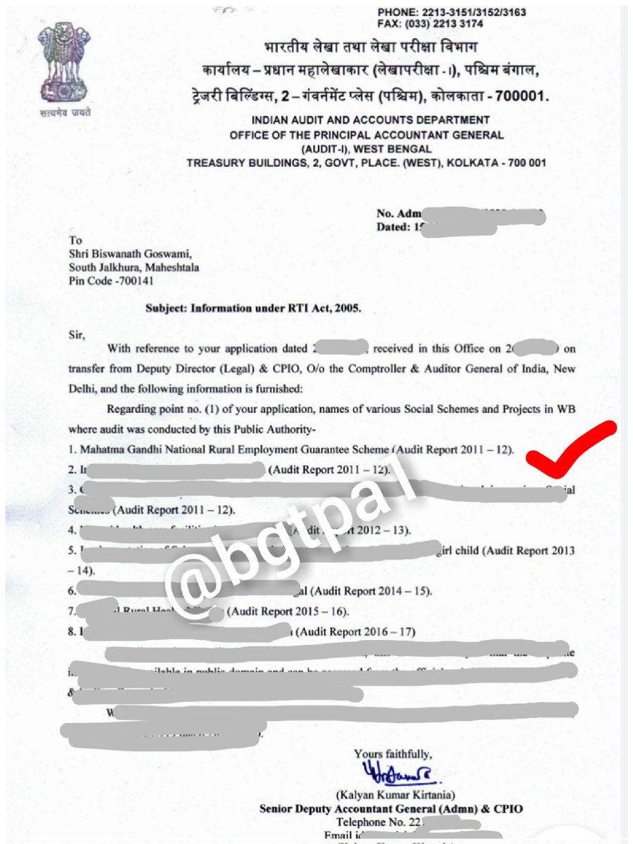 CAG says there is NO AUDIT on #MGNREGA (100 Days Job scheme) after 2011-2012 in WB.

NOT a single Social Security Scheme (Approx 76 schemes introduced) got audited by the #CAG as per info furnished under the #RTIAct. WB Govt resisted,CAG claims.
#Transparency #Accountability #RTI
