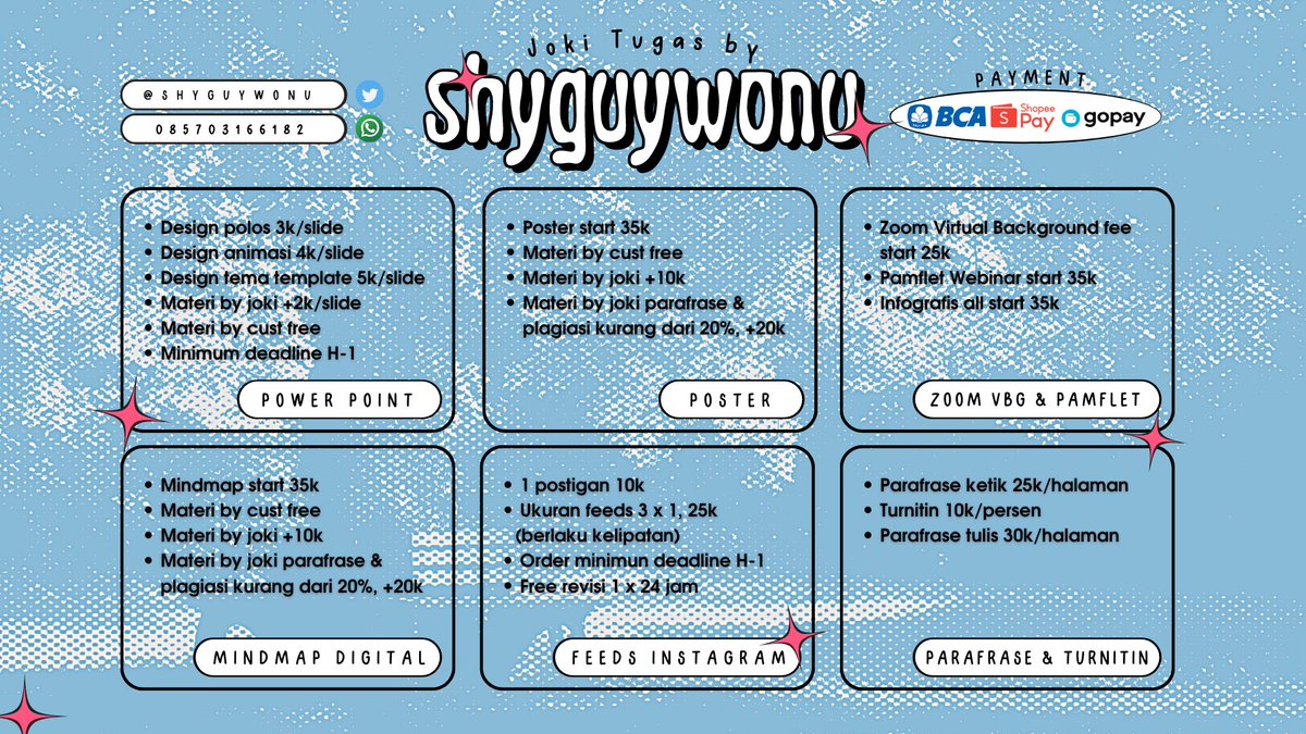 shyguywonu's tweet photo. halo aku open jasa untuk 
- joki ppt, 
- poster, 
- mindmap digital, 
- feeds instagram, 
- zoom virtual background, 
- pamflet,
- parafrase+turnitin. 
untuk order atau tanya2 silahkan via wa link di bio yah. #zonauang #zonajajan #zonaba #jokippt #jokiposter #jokitugaskuliah https://t.co/7Fl6jktcdF