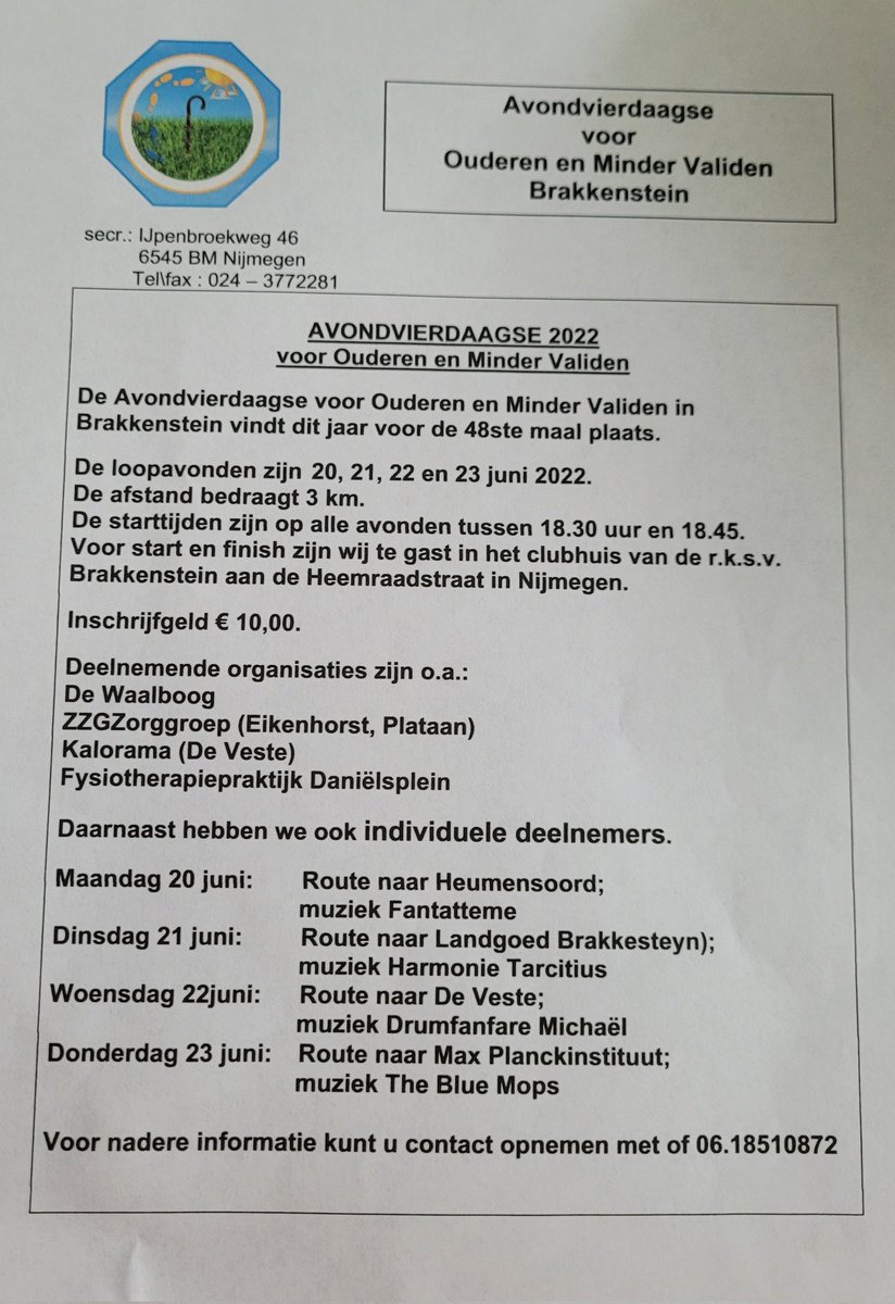 Brakkenstein's tweet photo. Vanaf morgen t/m donderdag vindt in #Brakkenstein de #Avondvierdaagse 2022 voor #Ouderen en #Minder #Validen plaats

Morgen om 18.30 uur komt onze #Burgemeester het startschot geven 👐

De start en finish is iedere avond bij @Brakkenstein
Ook het clubhuis is iedere avond geopend! https://t.co/0V9L6CLCgR