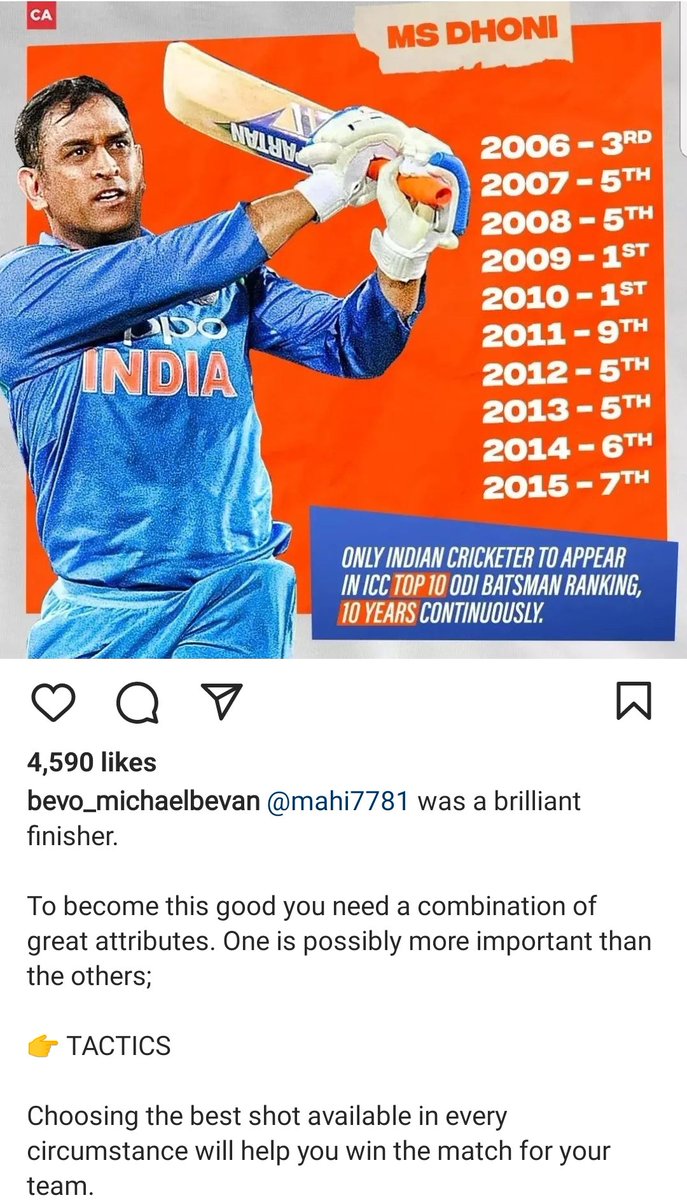 CricCrazyJohns's tweet photo. Instagram post of Micheal Bevan about MS Dhoni. https://t.co/ORCsmJlx32
