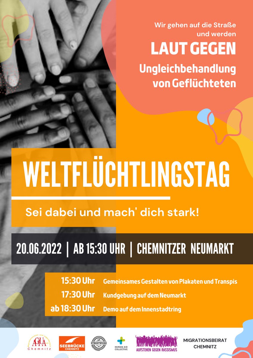 aid_collective's tweet photo. Wir gehen morgen zum Weltflüchtlingstag in Chemnitz auf die Straße! 
Schließt euch uns an und kommt 17:30 Uhr zahlreich auf den Neumarkt.

Wir wollen unsere Stimme erheben gegen die Ungleichbehandlung von Geflüchteten basierend auf deren Herkunftsland, Hautfarbe, Religion /1 https://t.co/LIwbF7WOfR