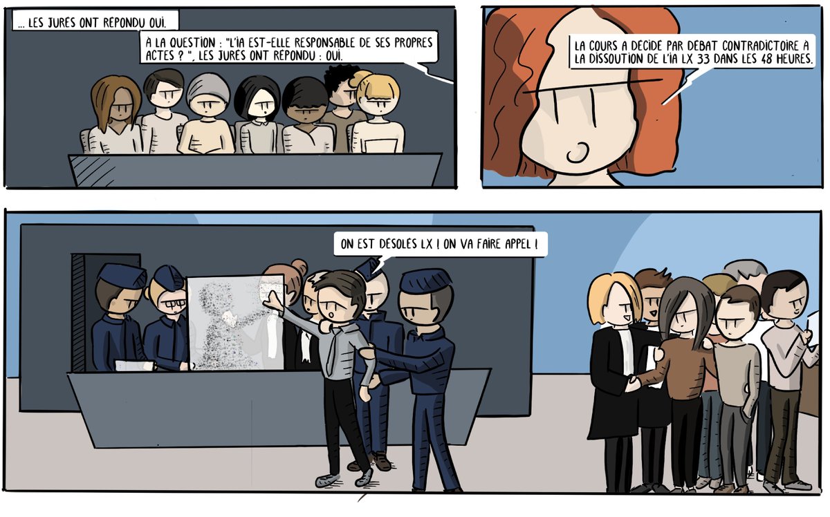 Est-ce qu'un jour une #intelligenceartificielle sera dotée d'une personnalité #juridique et pourra être jugée pour répondre de ses actes ?
=> #BD en cours d'écriture
#IA #AI #sciencefiction #SF #futur #procès