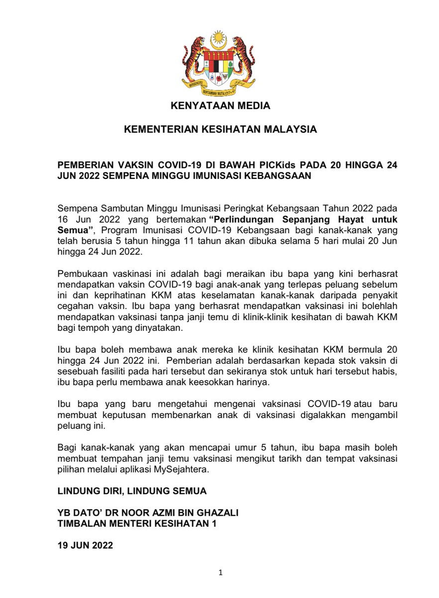 KKMPutrajaya's tweet photo. Kenyataan Media Kementerian Kesihatan Malaysia
Pemberian Vaksin COVID-19 di Bawah #PICKids Pada 20 Hingga 24 Jun 2022 Sempena Minggu Imunisasi Kebangsaan https://t.co/GUsFyFO5UH