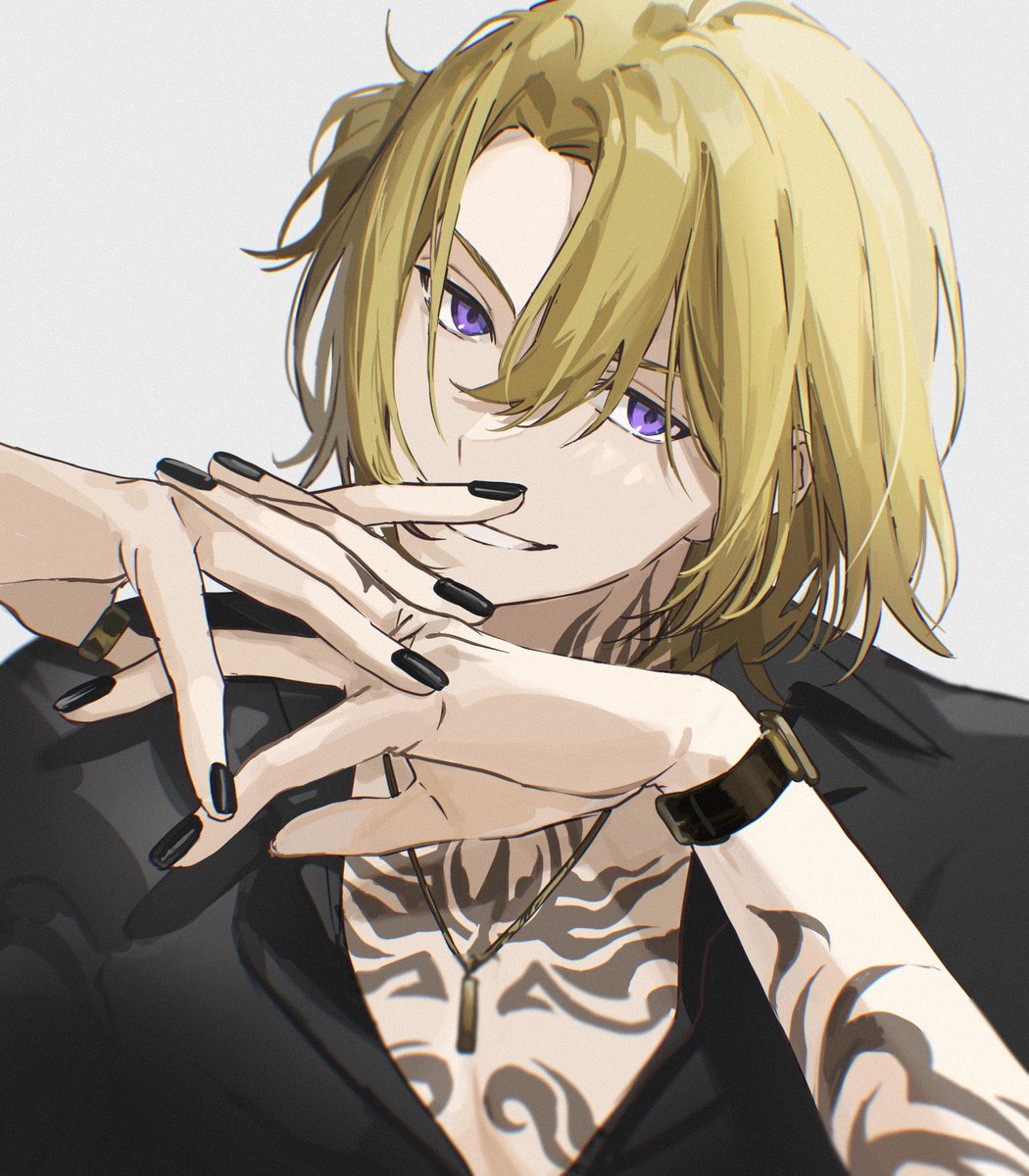 1boy male focus blonde hair solo purple eyes tattoo jewelry  illustration images