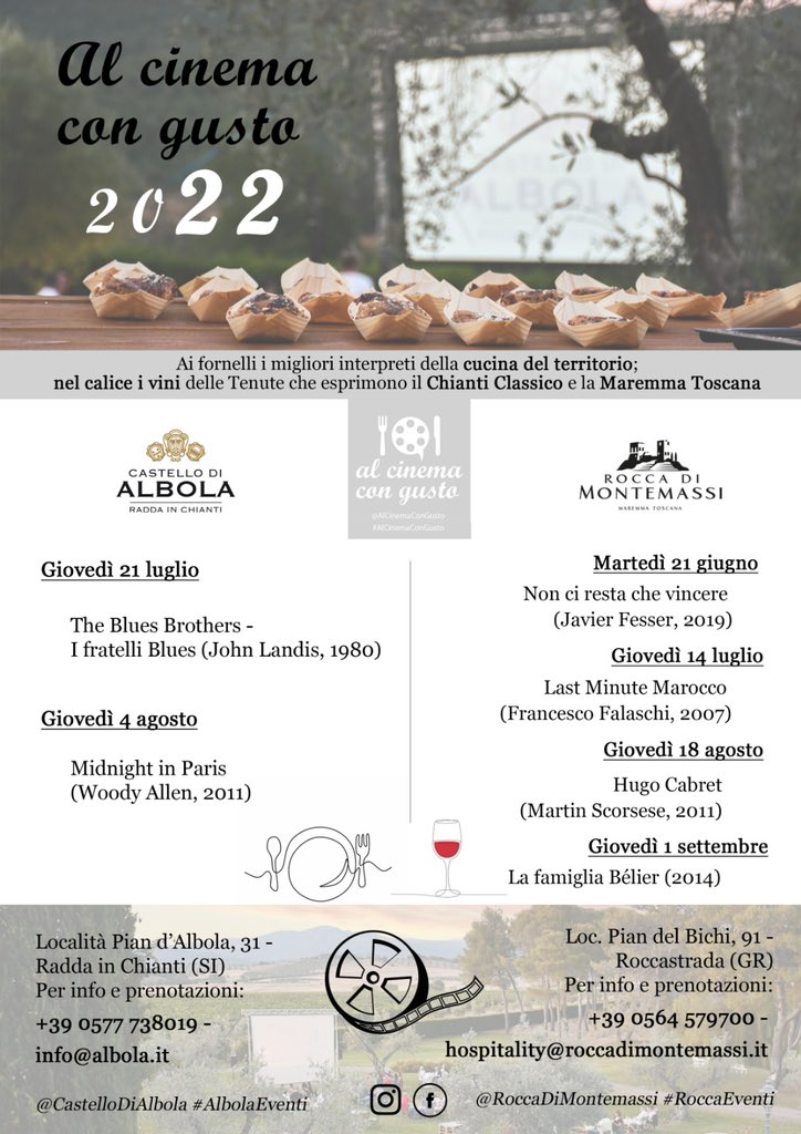 21 giugno, con l’#estate torna #Alcinemacongusto: 6 serate tutte da assaggiare nelle location da sogno #RoccadiMontemassi in #Maremma e #CastellodiAlbola nel #chianticlassico #cinemainvigna #cinemagoloso #wine #summer