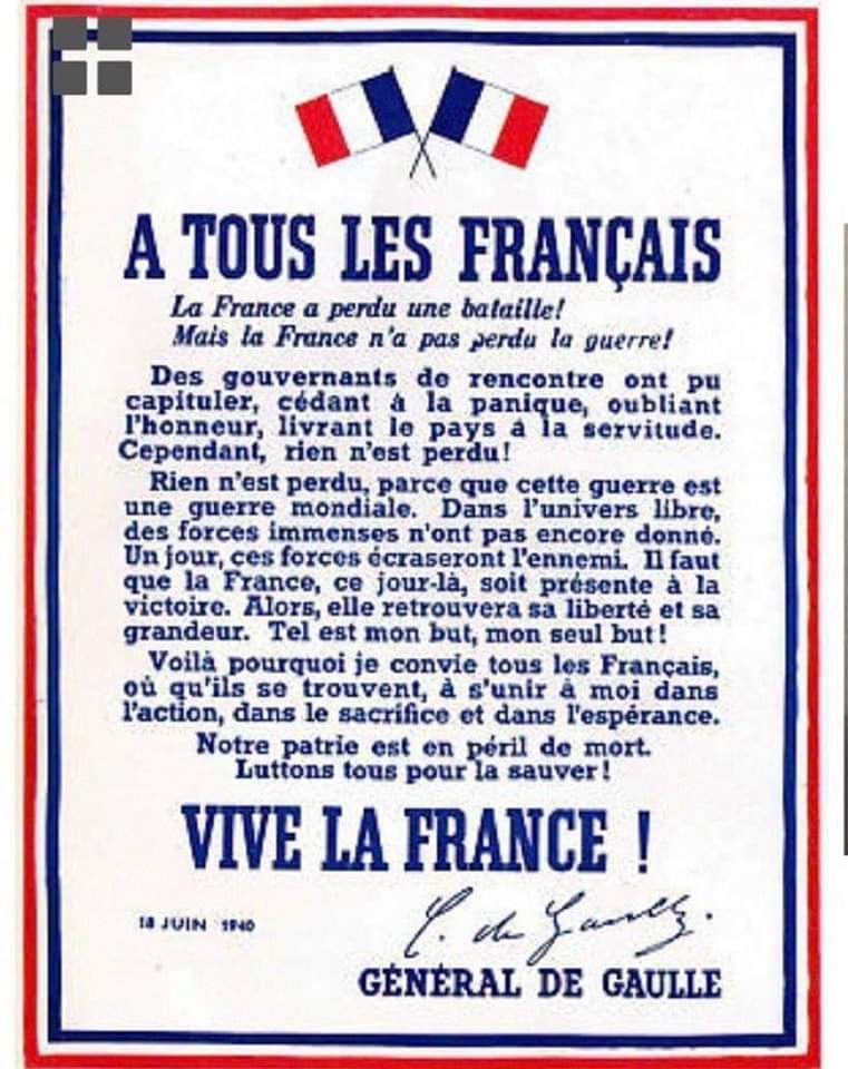 PIERREPhilipp12's tweet photo. CÉLÉBRER l'appel du #18juin1940🇫🇷c’est se souvenir d’une voix qui a sauvé l’#honneur &amp; le #salut de tout un PEUPLE
La voix de la LIBERTÉ &amp; de L'ESPÉRANCE
Préférant L’HONNEUR à la défaite le Général #DeGaulle changea le destin de la FRANCE
Alors n'oublions JAMAIS
#DevoirDeMemoires https://t.co/aHYA5CRmmS