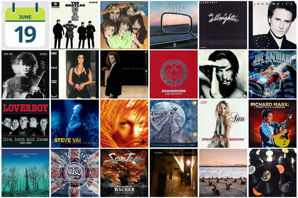 <a href="/Mikehomeseller/">Michael Kelly</a> <a href="/HoffmanEnrique/">Enrique Hoffman</a> @CateDailyBoom <a href="/jesusrodriguez5/">Jesus Rodriguez</a>
#Jun19
Albums

1964 Long Tall Sally • The Beatles
1978 Thick As Thieves • Trooper
1979 Mirrors • Blue Öyster Cult
1984 The Allnighter • Glenn Frey
1987 Rover's Return • John Waite
1988 Outrider • Jimmy Page