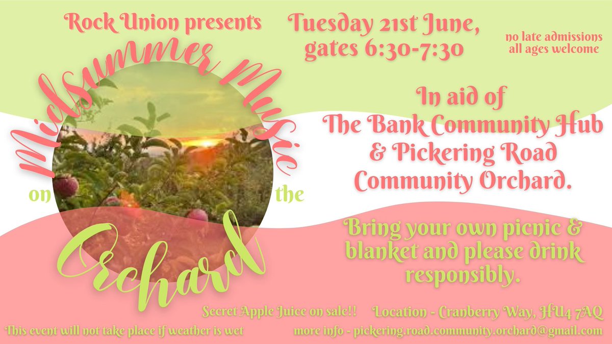 FoodHull's tweet photo. Celebrate the #Solstice this Tuesday & enjoy #MidsummerMusic at Pickering Road Community Orchard.
The gates will only be open between 18:30-19:30 with no late entry. There will be event volunteers to let people out if you need to leave early.
https://t.co/UPOg1uAlRQ
@bank07056865 https://t.co/vN9N9rAtDn