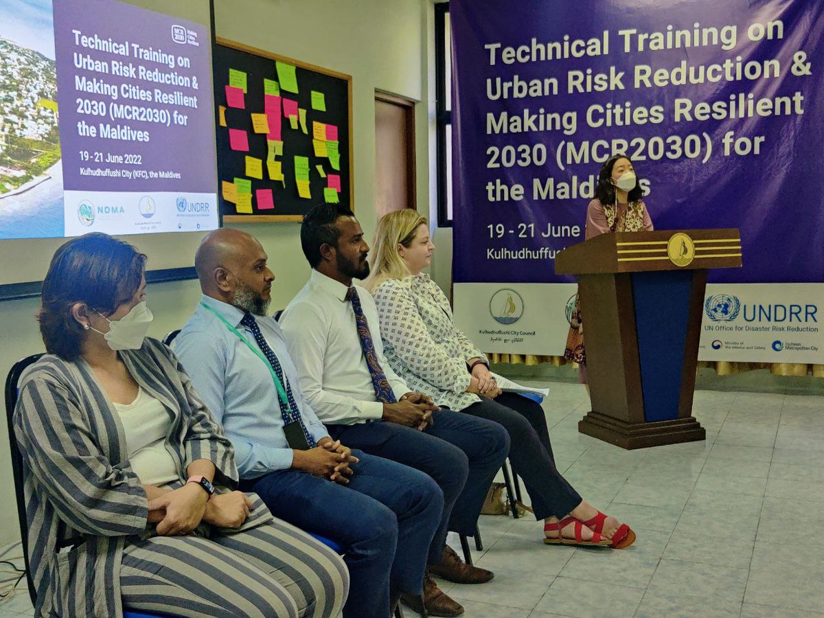 NDMAmv's tweet photo. NDMA in collaboration with UNDRR and @kfcitycouncil pilots the Making Cities Resilient 2030 program in KFC. The opening ceremony of the technical training was attended by NDMA CE @hisanmv, UN resident coordinator Ms @HaswellUN &amp; KFC mayor Mr. Mohamed Athif https://t.co/qgYk8eM3QP
