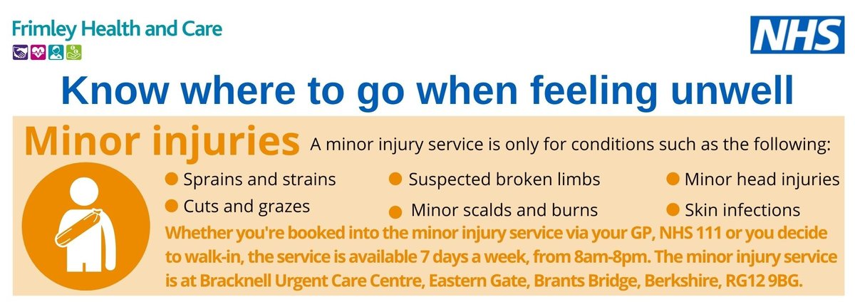Did you know you can be seen sooner at the Minor Injuries Unit in Bracknell. It is open every day from 8am until 8pm.

Visit orlo.uk/8xrFe