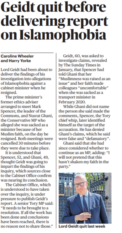 Exclusive with <a href="/cazjwheeler/">caroline wheeler</a> 

Lord Geidt was due to present conclusions of his investigation into allegations of Islamophobia against a Cabinet minister on the day he quit as PM's ethics adviser, we're told

Nus Ghani and Mark Spencer were due to meet him - cancelled last-minute