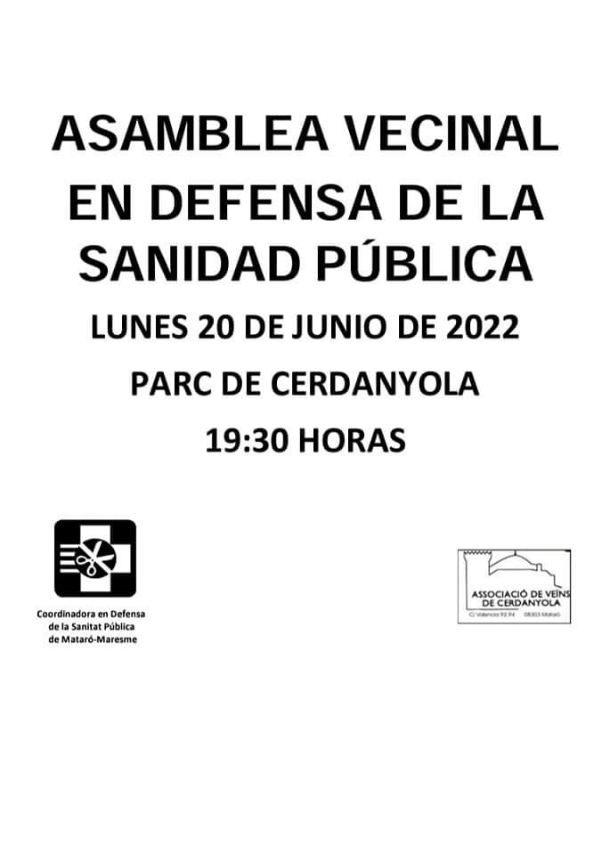 AVdeCerdanyola's tweet photo. ASAMBLEA EN DEFENSA DE LA SANIDAD PÚBLICA LUNES 20 DE JUNIO DE 2022 PARC DE CERDANYOLA 19:30 HORAS 
#cerdanyolamataro
#mataro
#assamblea
#sanitat https://t.co/FBKK77Nun2