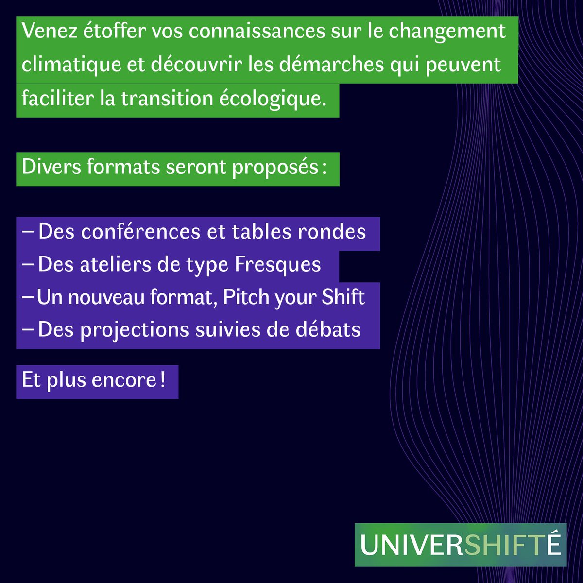 Les_shifters's tweet photo. 🙈Il y a des évènements qu'il ne vaut mieux pas manquer.

👉 J-5 avant le lancement officiel de l'UniverShifté.

🌱 L'événement qui fait échos aux idées bas carbone.

🥇Il est encore temps de prendre vos places: https://t.co/OSGznIEfh8

#univershifté #theshifters #climat #lyon https://t.co/DWz6HvDcEW