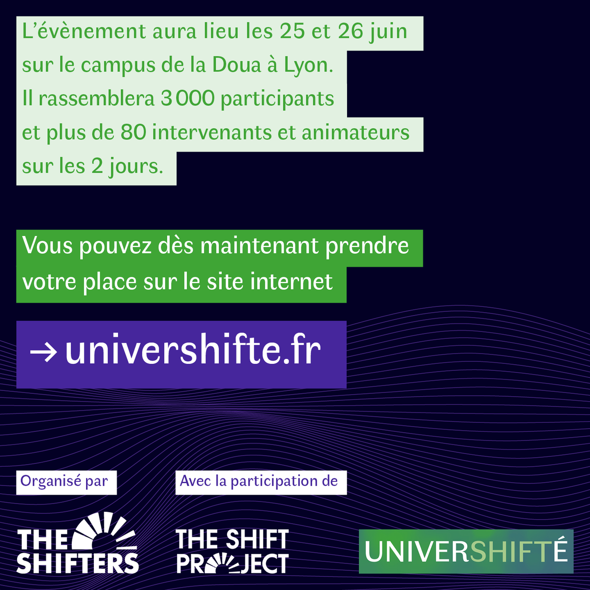 Les_shifters's tweet photo. 🙈Il y a des évènements qu'il ne vaut mieux pas manquer.

👉 J-5 avant le lancement officiel de l'UniverShifté.

🌱 L'événement qui fait échos aux idées bas carbone.

🥇Il est encore temps de prendre vos places: https://t.co/OSGznIEfh8

#univershifté #theshifters #climat #lyon https://t.co/DWz6HvDcEW