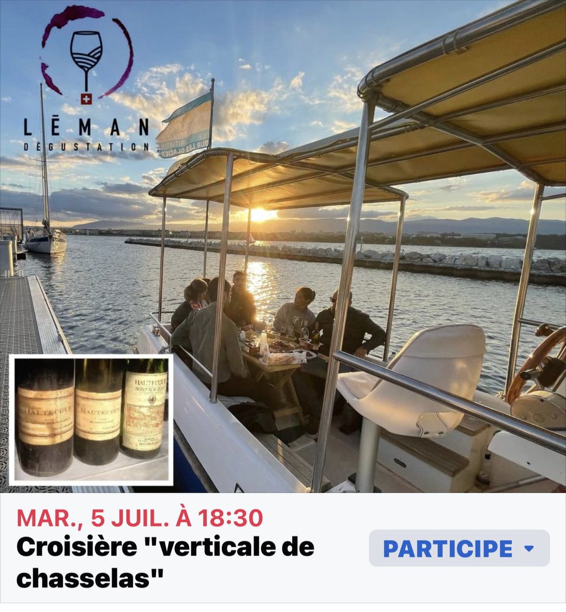 Dégustation exceptionnelle de vieux millésimes de chasselas, le mardi 5 juillet sur un bateau solaire.

fb.me/e/1Y8Lrjdtu