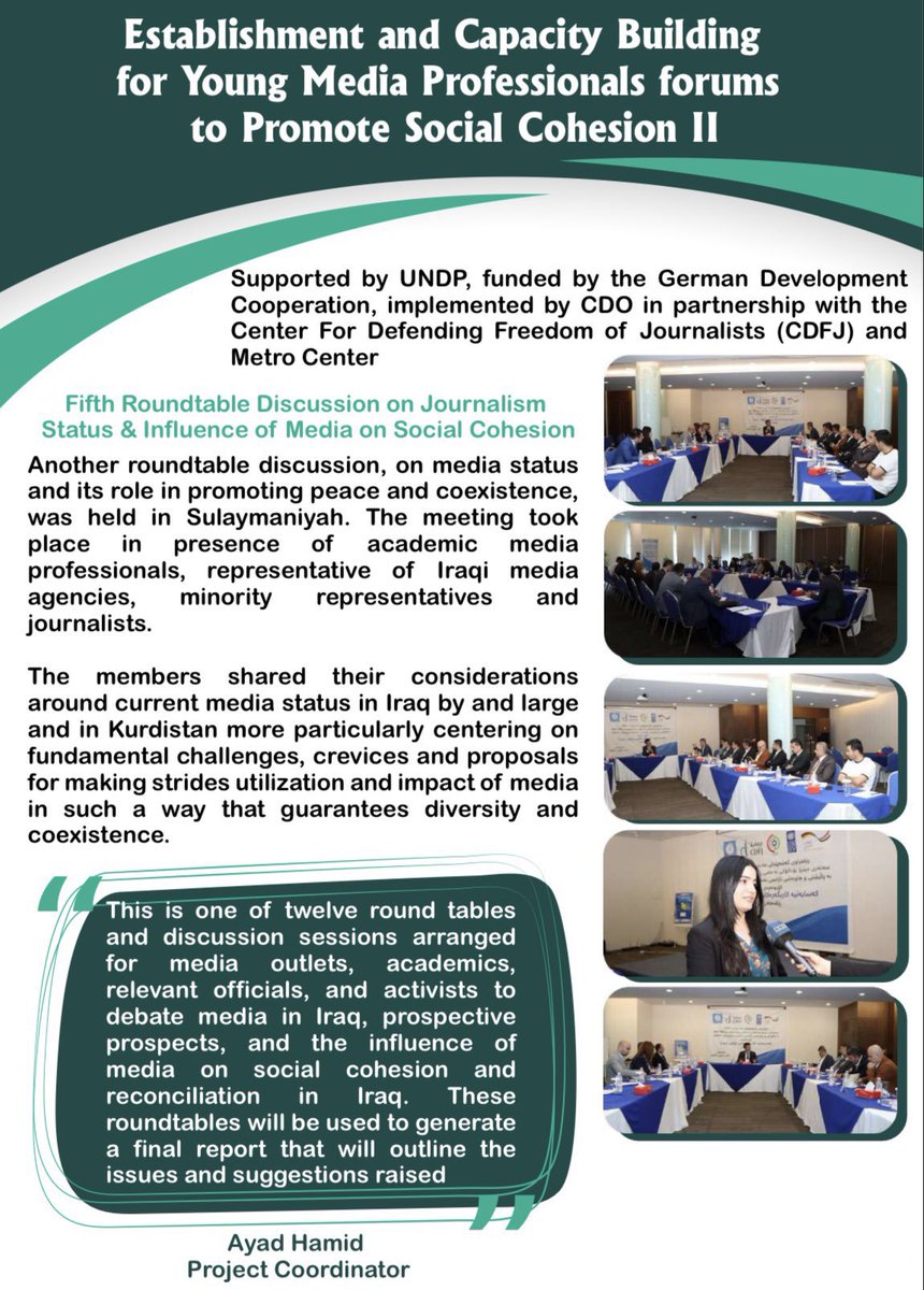 GermanyInKRI's tweet image. بە پشتوانی 🇩🇪 پێنجەم مێزگرد سەبارەت بە رۆژنامەگەری و راگەیاندن و  رۆڵیان لە هاوبەندیی کۆمەڵایەتی لە سلێمانی بەڕێوە چوو. 
سوپاس بۆ  #CDO, #CDFJ و @MCenter16 بۆ جێبەجێکردنی مێزگردەکە!