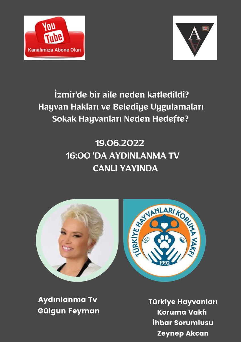 anonymouspawss's tweet photo. Bugün saat 16.00'da Aydınlanma Tv Youtube kanalında gerçekleşecek olan canlı yayında sevgili Gülgün Feyman'ın sunumu ile sokak hayvanları üzerinden toplumun terörize edilmesi ve hayvan hakları konularını konuşulacaktır. @GFeyman

⤵️⤵️

https://t.co/N4GkHgqmOu https://t.co/3tb62j1s7V