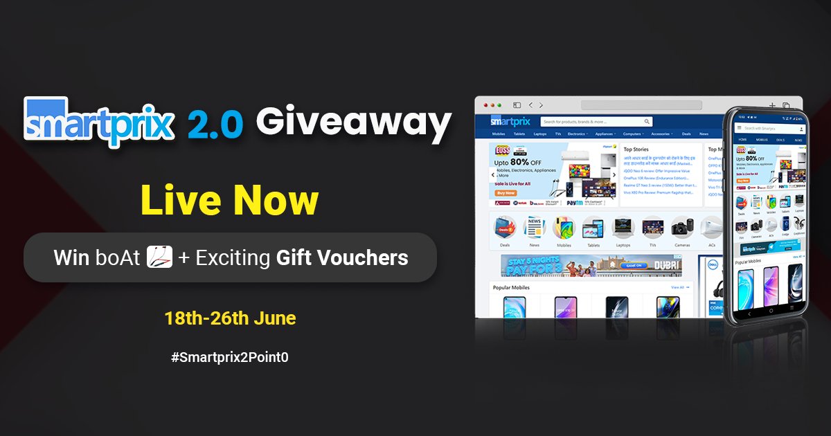 Smartprix's tweet photo. If you havenβt participated in the #Smartprix2Point0 giveaway then you are missing out on a chance to win boAt wireless earphone!
Participate now: https://t.co/JnO3snhC5s https://t.co/dm1gOEdnRu