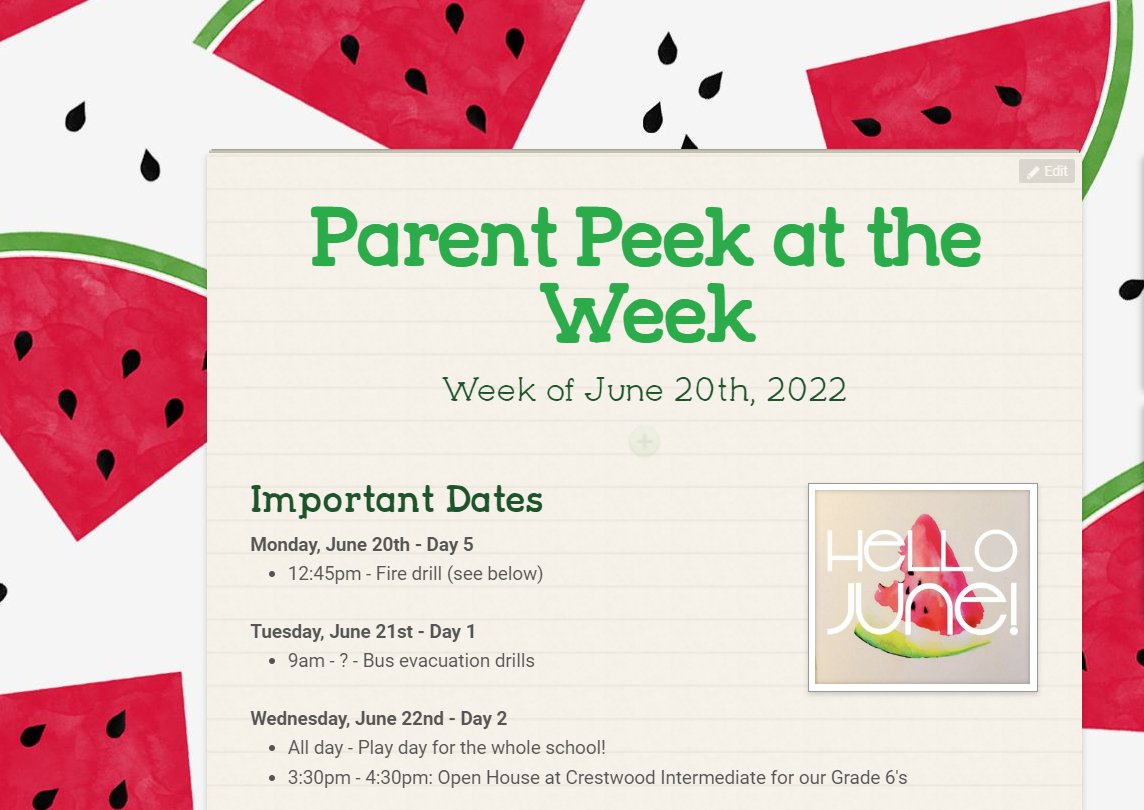 It's hard to believe that we are heading into our last full week of school for 2021/2022. Where has the time gone!?  Please take a look at the Parent Peek at the Week for more info about what is happening at our school this week: smore.com/3mgcd 

Have a great week!