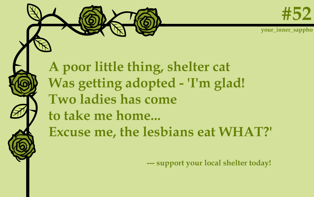 Hello everyone, I'm back♡ And will you look at that, a full 52 weeks of lesmericks! Thank you for the continuous support and occassional snorts 😁🥰🤭 Happy Pride Month everyone ❤🧡💛💚💙💜 #pridemonth #lesmerick #limerick #sapphic #lgbtqia #wlw #lesbianism #poetry