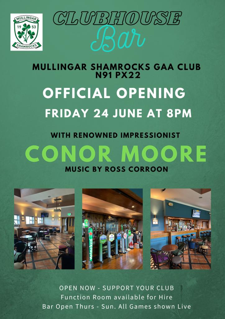 mullingarshams's tweet image. Official opening of @mullingarshams Clubhouse on Friday next at 8.00 pm with our own @ConorSketches doing the honours and the rising star @corroonross entertaining. It will be some night! Come early to avoid the rush. @JoeBrolly1993 @westmeath_gaa @WestmeathLadies @WestmeathGaa04