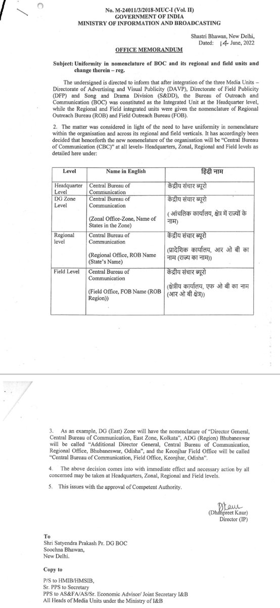 CBCJammuKashmir's tweet image. As per @MIB_India 's OM No. M-24011/3/2018-MUC-I(Vol.II) dated 14.06.2022,change in the nomenclature of @BOC_MIB and its regional & field units has been done to ensure uniformity.
As such ROB,J&K has now be rechristened as #CentralBureauOfCommunication,Regional Office,Jammu(J&K)