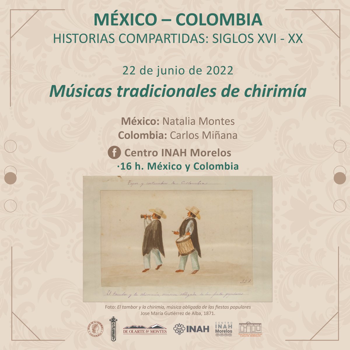CasadeMorelos's tweet photo. #ElProximo miércoles 22 de junio a las 16 h. México y Colombia.
Octava sesión del ciclo de conferencias virtual “México - Colombia, historias compartidas: siglos XVI a XIX”. Con el tema “Músicas tradicionales de chirimía”.
Sigue la transmisión en https://t.co/UUNoEmzqw2 https://t.co/lPyM4ZLpao