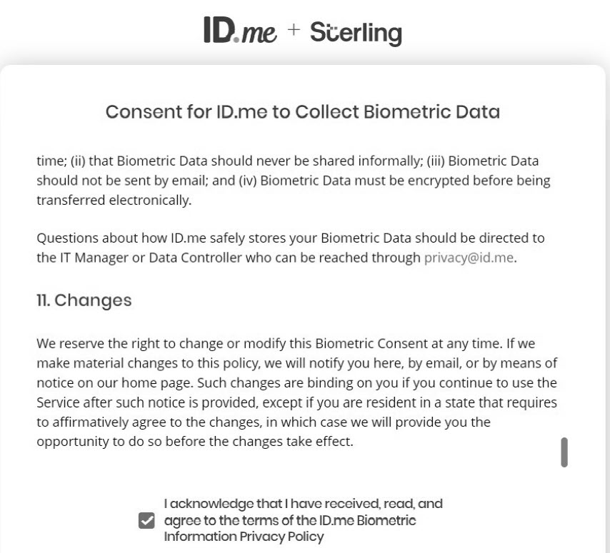 syncresolve's tweet image. To verify in person, @IDme @sterlingcheck force you to agree to COLLECTING BIOMETRIC DATA &amp;amp; KEEPING IT FOR 7.5 YEARS; no true option to delete. Verify online? It is 3 years &amp;amp; you can request to delete. #discrimination @Blake_Hall @BiometricUpdate @EFF @Thimot @washingtonpost