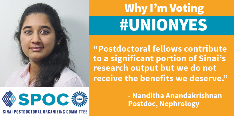 spocuaw's tweet photo. Thank you @NandithaAK for sharing why you're voting #UnionYes. Sinai postdocs deserve a union! #WeDeserveAUnion https://t.co/eb14Spuwrh