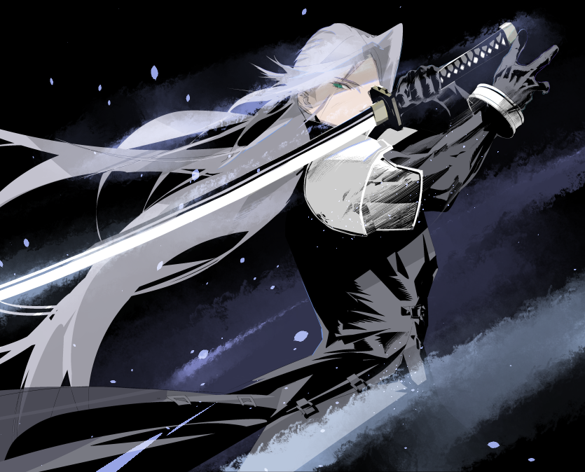 sephiroth weapon sword 1boy male focus long hair gloves black gloves  illustration images