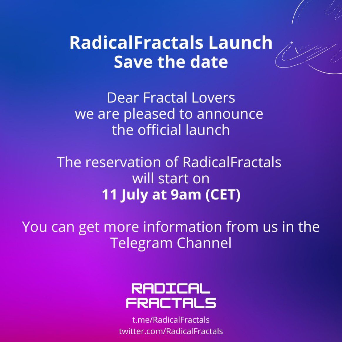 RadicalFractals's tweet photo. 🎉 Giveaway time 🎉

To celebrate our upcoming launch on 11 July, we're starting a giveaway.

You can win 1 of 2 Fractals.

- Follow us on Twitter
- Retweet
- Tag 3 Friends

Giveaway ends Friday, 24.07. 10am (CET)

#RadicalFractals
#fractalLove
#NFTGiveaway
#radixNFT
@radixDLT https://t.co/mzBUT8pCI8