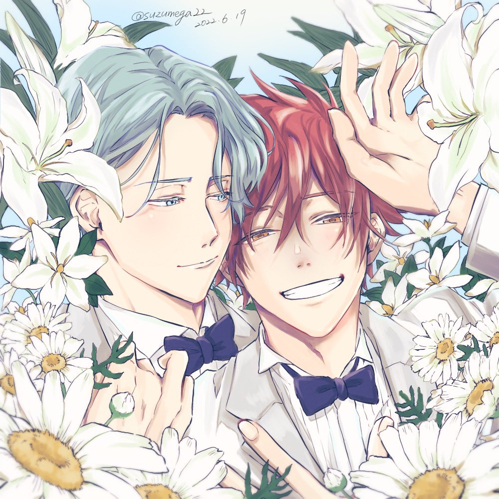 2boys multiple boys male focus flower red hair smile blue eyes  illustration images