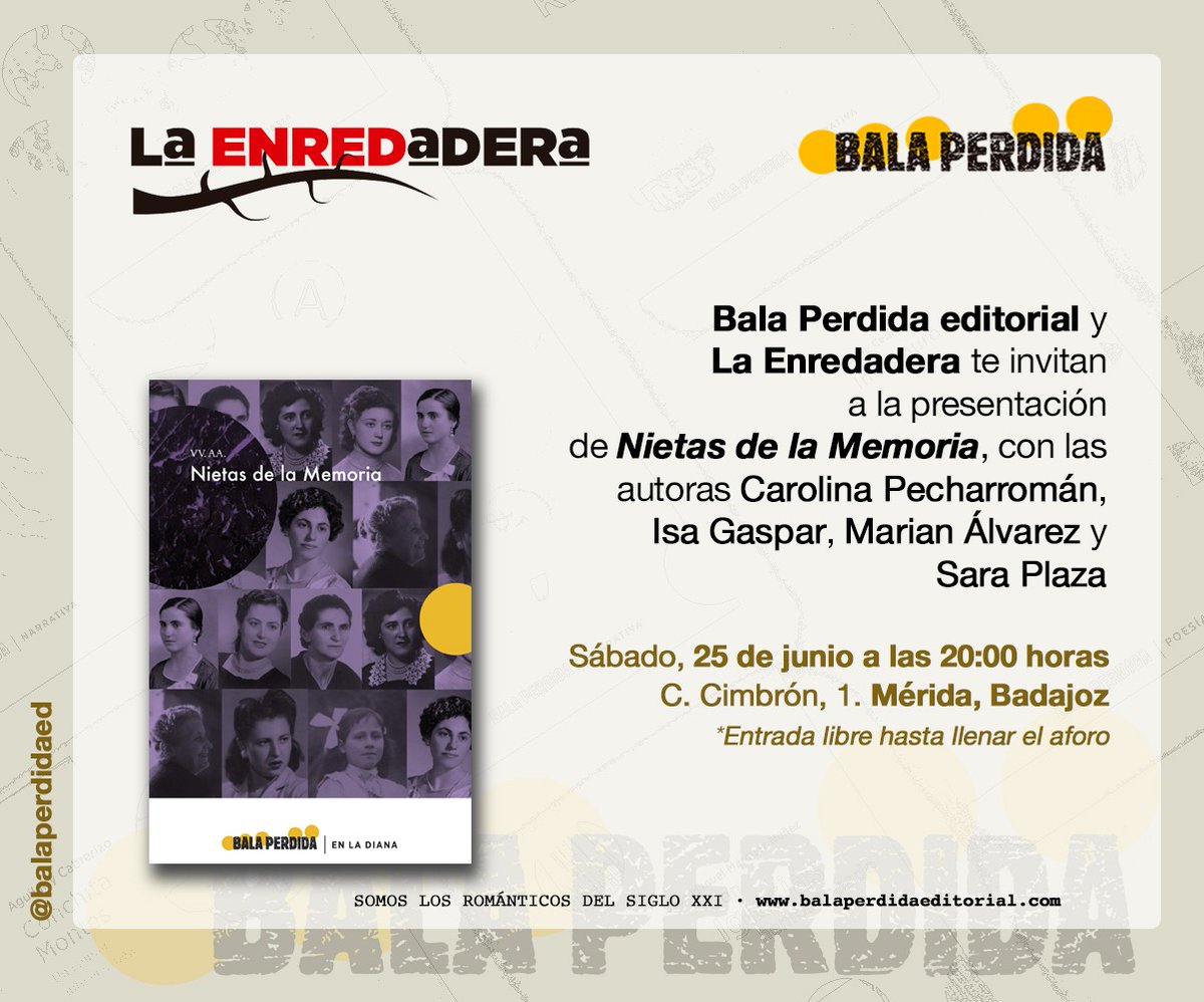 ¡Se viene presentación en Mérida con las buenas gentes de <a href="/LaEnredaderaExt/">La Enredadera (Mérida)</a>!
Si estás por Extremadura, ni lo pienses, vente a conocer a nuestras abuelas en este espacio tan fraternal.
El próximo sábado a las 20:00 h.