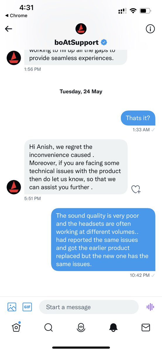 anish08k's tweet photo. @boAtSupport1 Another DM that was totally ignored. https://t.co/pyfs2NH7Ue