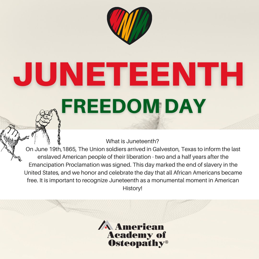 AmAcadOsteo's tweet photo. What is Juneteenth? Read the post for information about this important holiday.

The Academy will be closed on Monday, June 20, 2022 in observance of Juneteenth.

#Juneteenth #Juneteenth2022 #FreedomDay https://t.co/LDyztL6A2a