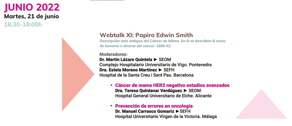 _SEOM's tweet photo. 🔴 Últimos días para inscribirse al próximo Webtalk de @_SEOM y @sefh_ del 21 de junio.

Dra. Quintanar hablará de cáncer de mama HER2 negativo en estadios avanzados y Dr. Manuel Carrasco tratará la prevención de errores en Oncología. 

▶️ https://t.co/7nY43k4gDe

#OncoFarmaTalks https://t.co/3eJub7whly