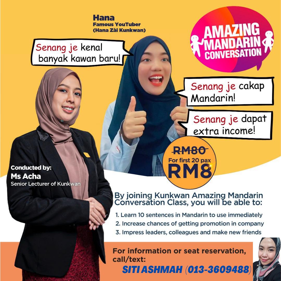 ash_ct's tweet photo. Nihao.. Special Class untuk yg bekerja 😍 Belajar &amp; boleh guna immediately tau.. yg nk upgrade diri pun boleh juga... Biasa RM80 tapi 20 orang terawal cuma RM8 jerr... 🤩 Tekan link untuk d
https://t.co/1YZstgtHFF

#jommandarin 
#staypositive 
#upgradediri 
#bahasaketiga https://t.co/czzTHFWUTn