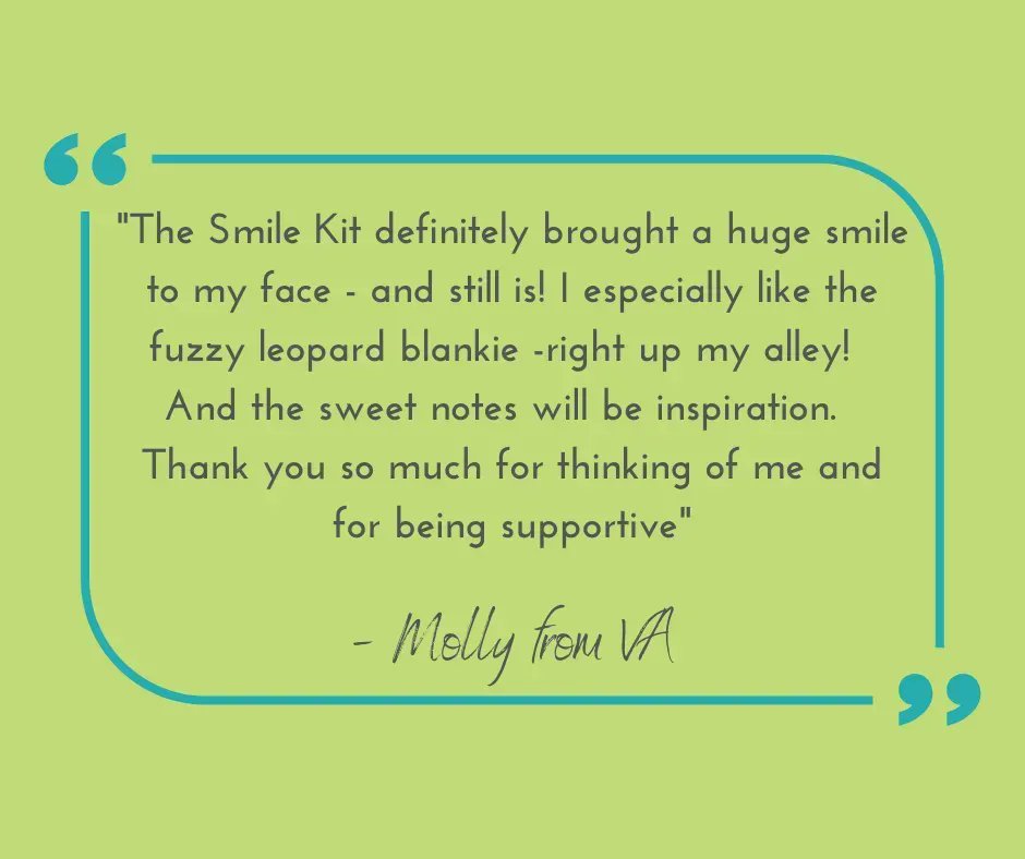 BSNCancerF's tweet photo. Molly from VA writes:  "The Smile Kit definitely brought a huge smile to my face - and still is! I especially like the fuzzy leopard blankie -right up my alley!  And the sweet notes will be inspiration.  Thank you so much for thinking of me and for being supportive." https://t.co/vJFsLsrgV7