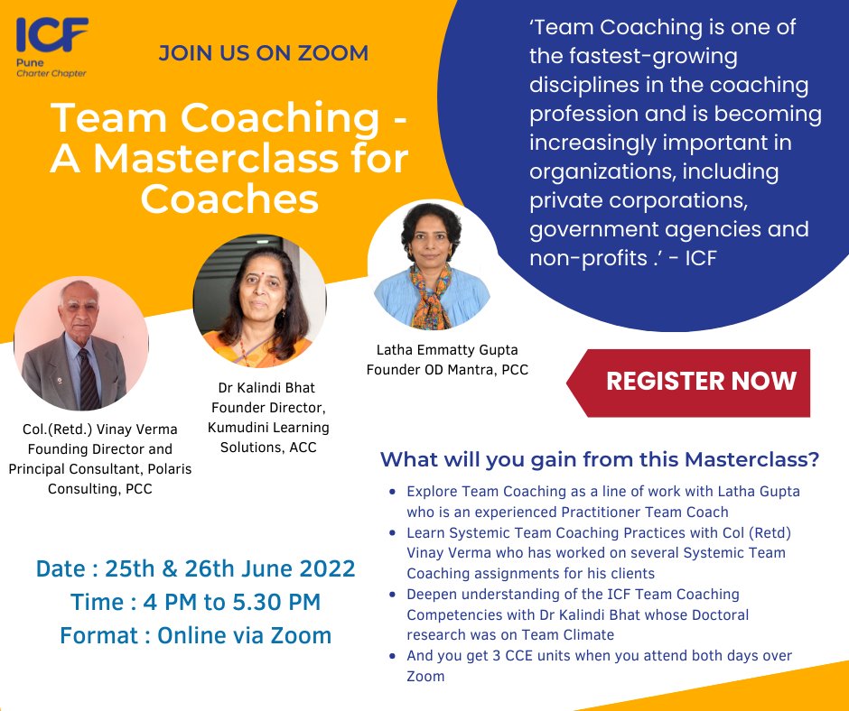 IcfPune's tweet photo. Do you know what is System Team Coaching? Do you know about the competencies in Team Coaching? 

Come learn more on our 3 hour Masterclass on Team Coaching, split over 2 days!

Register now - https://t.co/ibauif2l6k
 
#icf #teamcoaching #groupcoaching #organizations https://t.co/IUT23Qbd5q