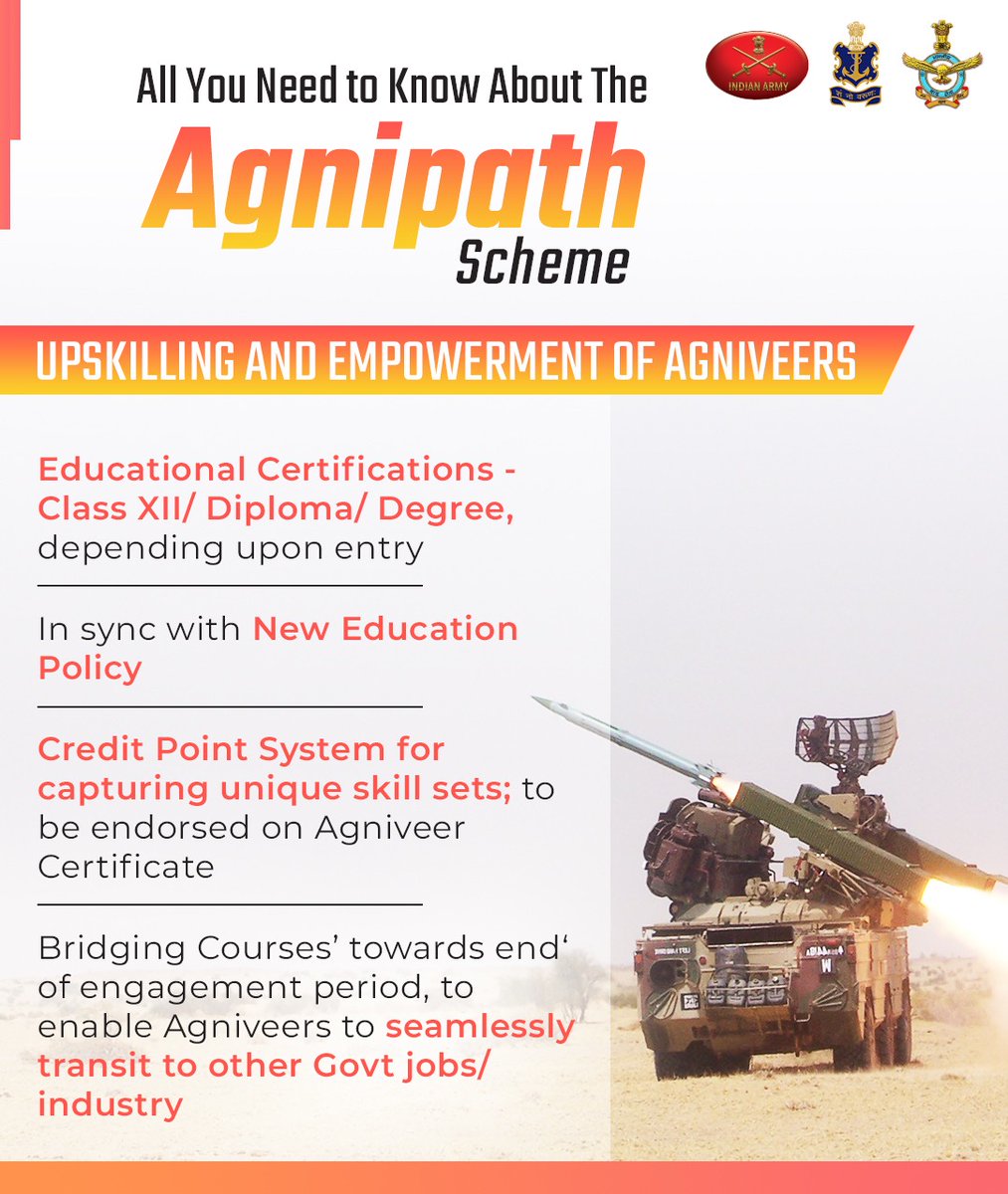The #AgnipathScheme will empower the #Agniveers and work towards their continuous upskilling. #Agniveers to get #SkillIndia certification while in service which will help them pursue opportunities in entrepreneurship and civilian jobs.