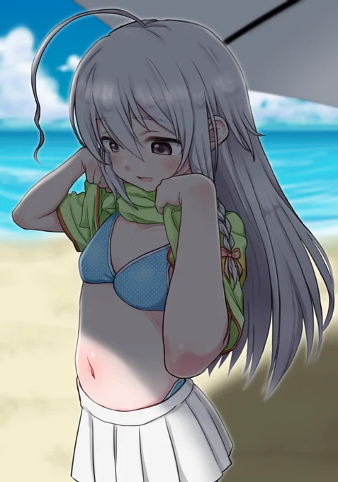 「海…着いたな…日差しが眩しい…ぜ…ヒャア…」☀️
「水着はどうしたのかって…?フヒ…ほら…ちゃんと着てきたぞ…♪」
「え…?着替えとか持ってきたのかって…あ…」🍄💦 