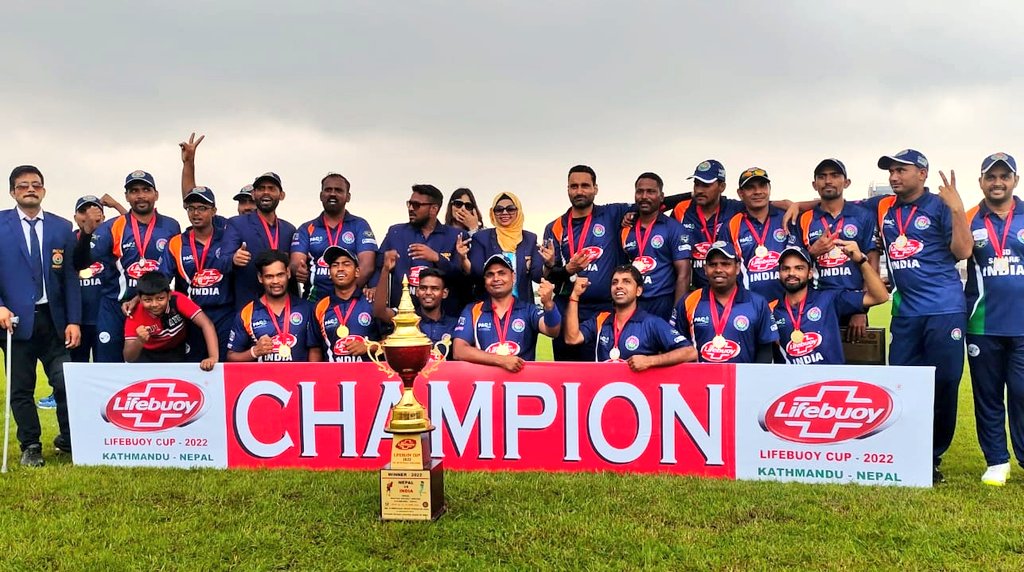 Indian Divyang-jan Cricket team won the #LifebuoyCup2022 against Nepal in Mulpani International Cricket Ground, Kathmandu, Nepal.
Captain Sayed Shah Aziz got the Man of the Series award for his excellent performance.
#DCCBI #DisabilityCricket #champion <a href="/BCCI/">BCCI</a>