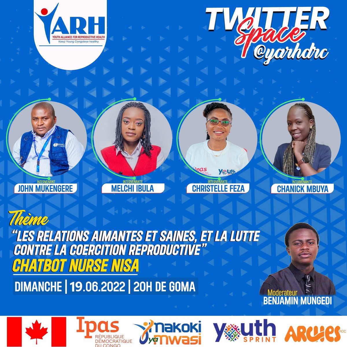 SimonBine's tweet photo. #ARCHES: La Coercition Reproductive a des conséquences néfastes sur la santé et le bien-être des personnes qui en sont victimes.  Retrouvons-nous ce soir 🕖avec @yarhdrc pour parler des relations aimantes et saines…  avec les jeunes de @YouthSprint  #Bukvu #Goma #Kin #Lubumbushi https://t.co/kP2EZIjWga