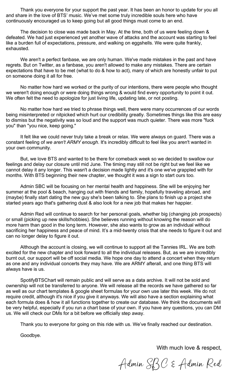 It is with a heavy heart we announce @spotifybtschart will be closing down. This isn't a sad moment, but the start of our new personal chapter.