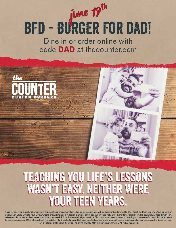 CounterNorCal's tweet photo. To all the Dads, enjoy a free burger on us! This special offer can be redeemed online with code 'DAD' or dining in at one of our locations.  Happy Father's Day, from The Counter 🤍 https://t.co/ZC6VOMUHQY
