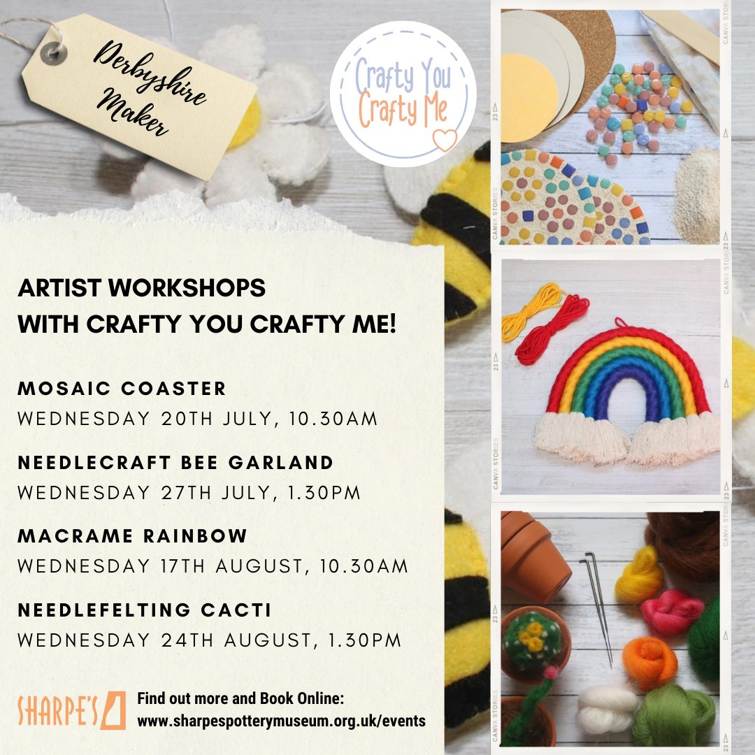 SharpesMuseum's tweet photo. We're welcoming back Sarah from @craftyucraftyme Summer with these popular #craftworkshops! If you are interested in learning a new skill or starting a new hobby, these sessions will be perfect for you!  Book here! https://t.co/N7bA6OE5H8

#DerbyshireMaker #ArtistWorkshop https://t.co/5njHMT17ji