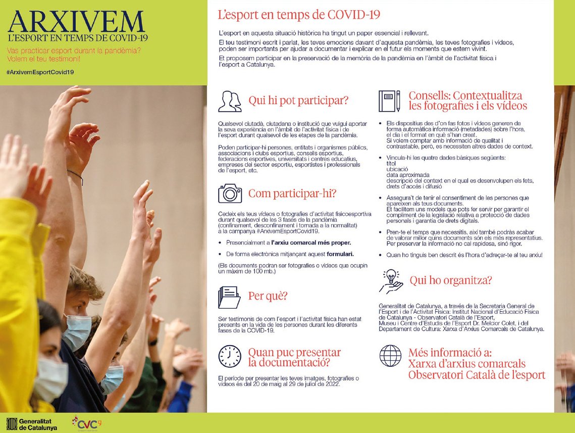 ❓ Com has practicat esport i activitat física durant la pandèmia? 🏋️‍♀️

🚴‍♂️ Cedeix-nos 📷 i 🎥 per la campanya 
#ArxivemEsportCovid19 i preservem la memòria d'una etapa històrica. 

⏳ Fins al 29 de juliol  

➕ info: bit.ly/3wtt0GW

<a href="/patrimonigencat/">Patrimoni</a> <a href="/inefcat/">Inefc</a> 
#esportcat